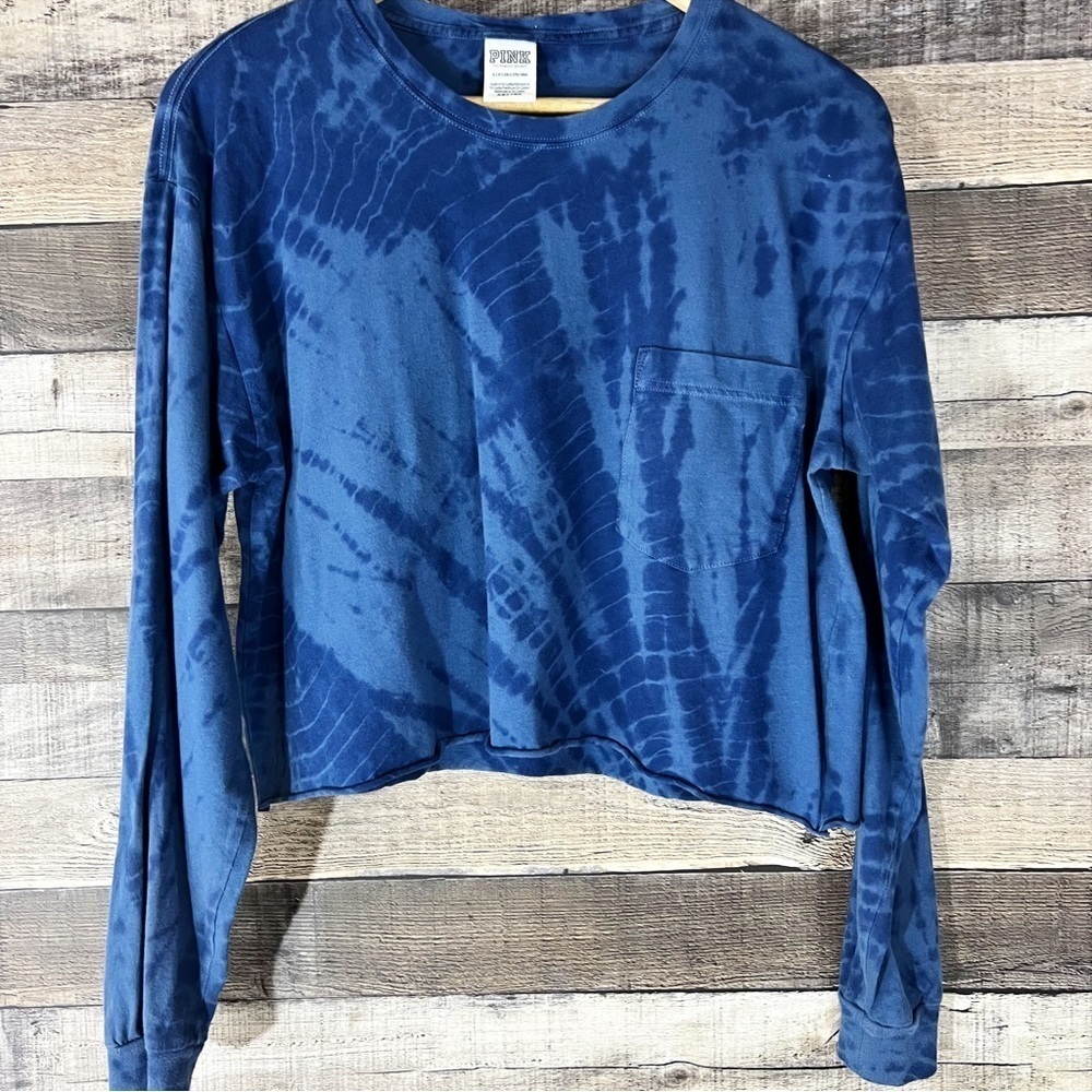 Victoria's Secret‎ Blue Tie Dye Crewneck Cropped Long Sleeve Tee Shirt